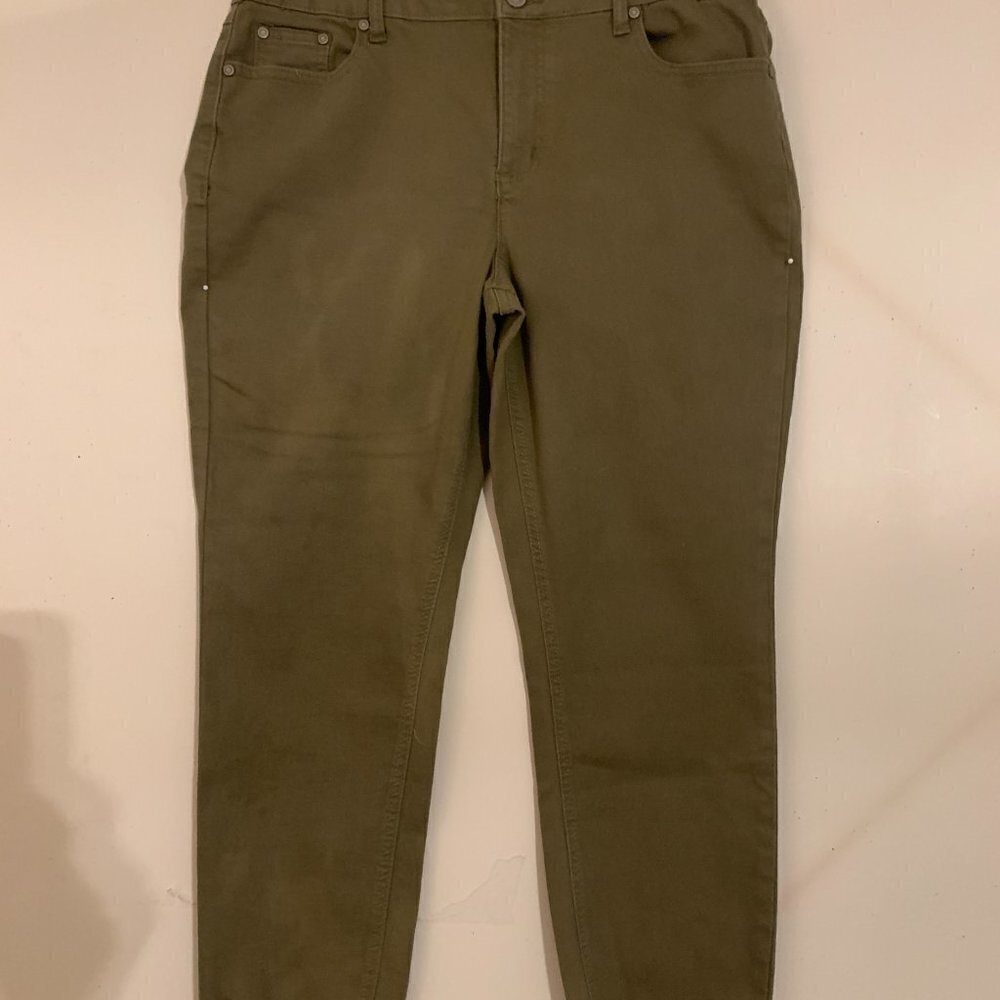 Womens Olive,  Distressed Ankle, Pants, Sz 12, Cotton/Polyester/Spandex